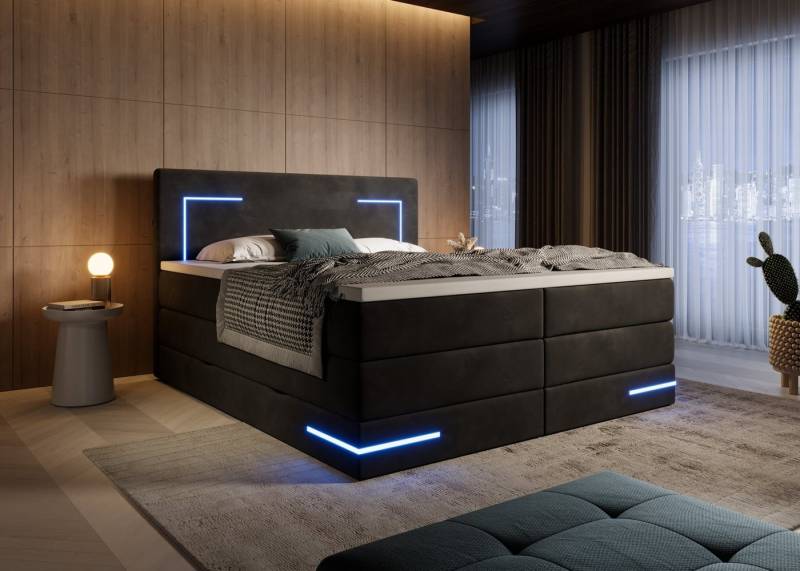 wonello Boxspringbett Detroit, Samt Bett mit LED Beleuchtung, Bettkasten und Topper von wonello