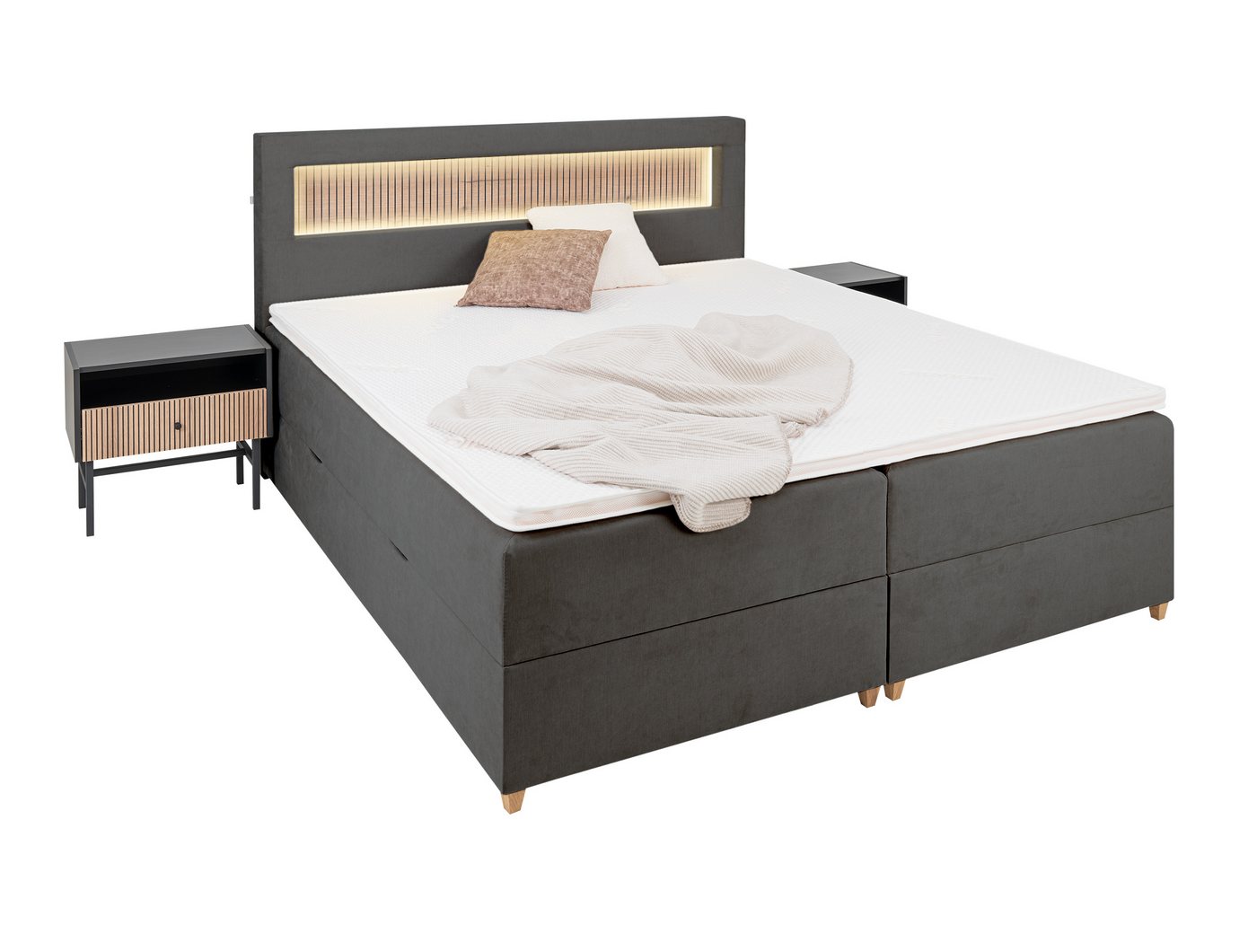 wonello Boxspringbett Espoo 4, mit LED, Bettkasten, USB-Anschluss, 2x Nachttisch und Topper von wonello