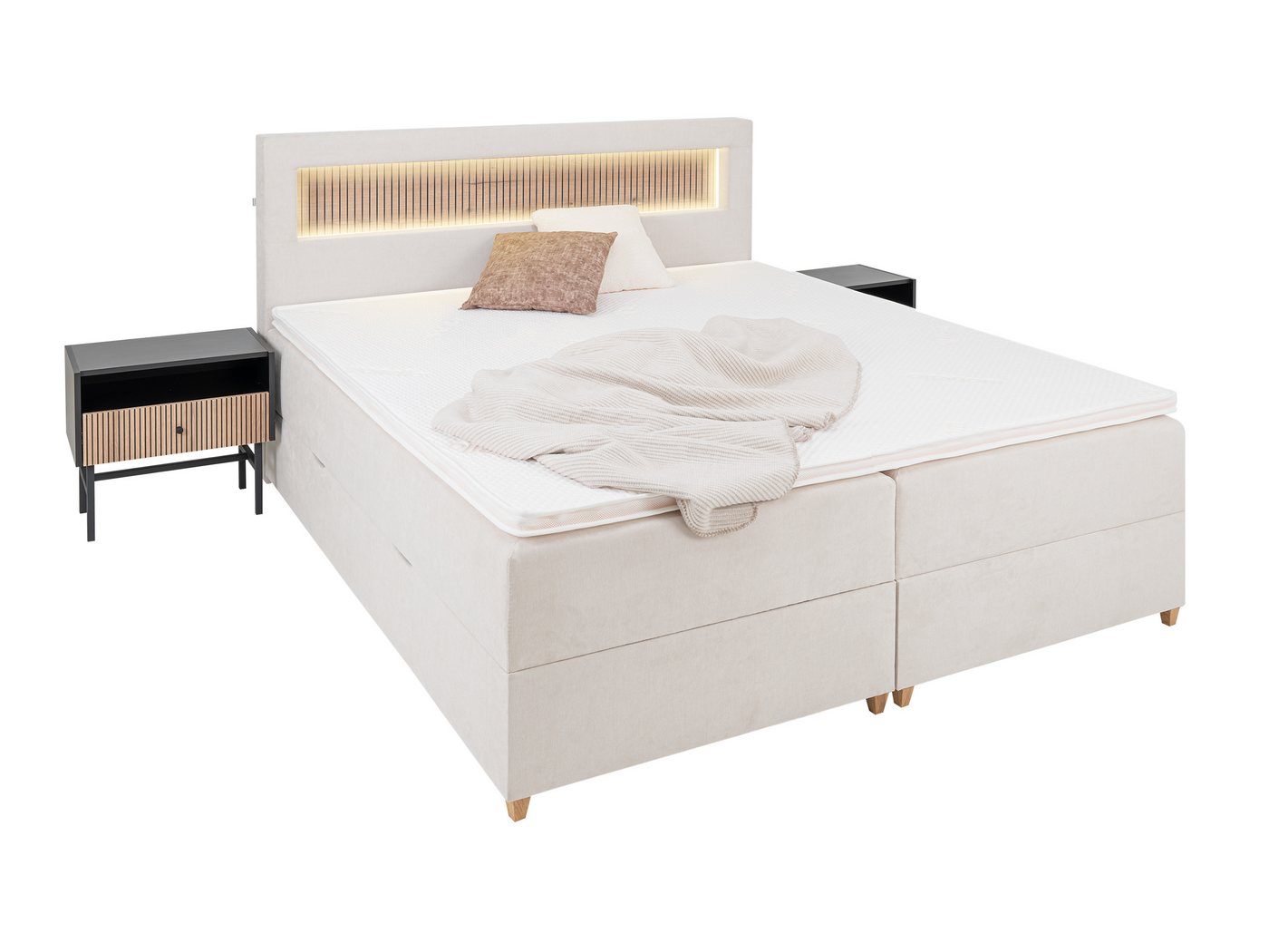 wonello Boxspringbett Espoo 4, mit LED, Bettkasten, USB-Anschluss, 2x Nachttisch und Topper von wonello