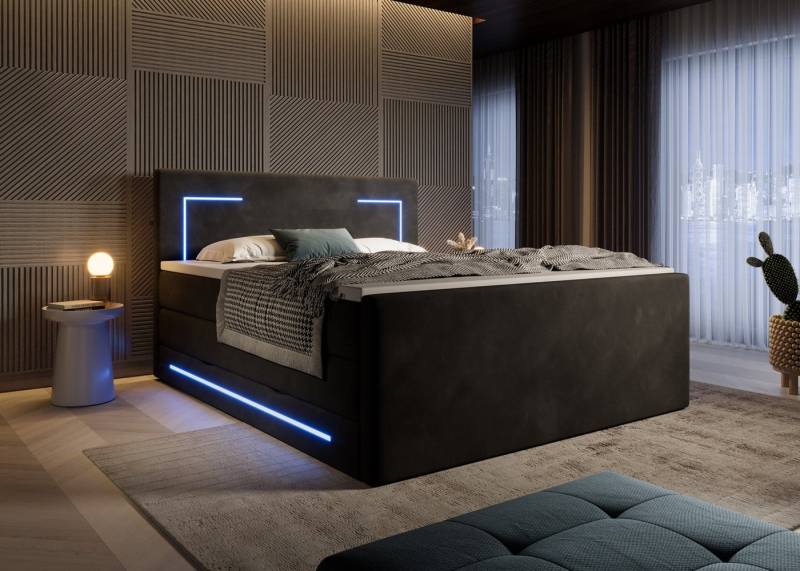 wonello Boxspringbett Monaco, mit LED Beleuchtung, Bettkasten, Matratzen und Topper von wonello