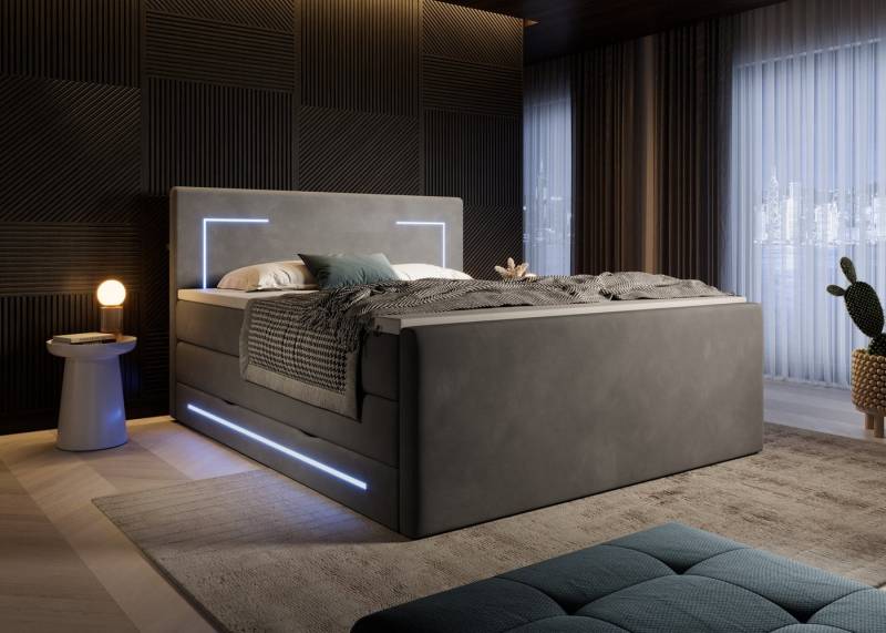 wonello Boxspringbett Monaco, mit LED Beleuchtung, Bettkasten, Matratzen und Topper von wonello