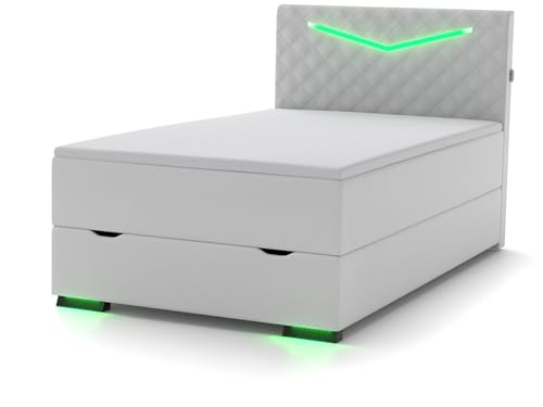 wonello Dacota Boxspringbett 120x200 mit Bettkasten in Weiß I LED Beleuchtung und USB Anschlüssen I Design Bett für Jugendliche und Erwachsene I Stauraumbett mit Matratze und Topper von wonello