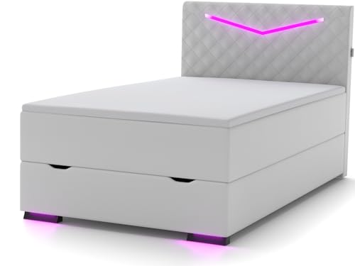 wonello Dacota Boxspringbett 90x200 mit Bettkasten in Weiß I LED Beleuchtung und USB Anschlüssen I Design Bett für Jugendliche und Erwachsene I Stauraumbett mit Matratze und Topper von wonello