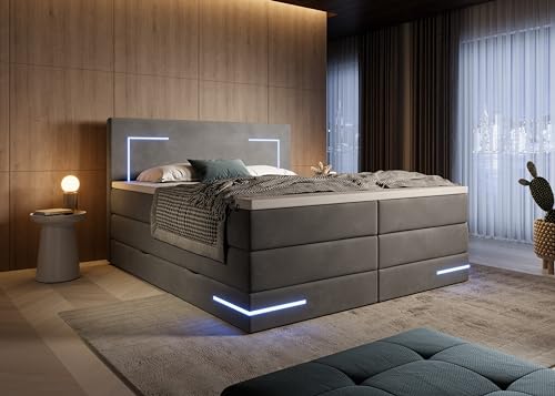 wonello Detroit Boxspringbett 180x200 mit Bettkasten und LED-Beleuchtung - gemütliches Bett mit LED - Stauraumbett 180 x 200 cm mit Matratze und Topper - Samt-Stoff anthrazit - H3/H4 von wonello