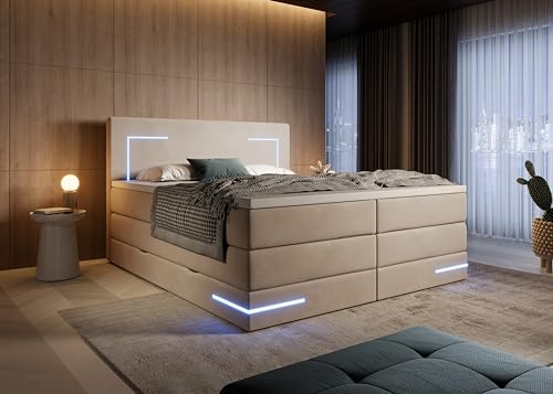 wonello Detroit Boxspringbett 180x200 mit Bettkasten und LED-Beleuchtung - gemütliches Bett mit LED - Stauraumbett 180 x 200 cm mit Matratze und Topper - Samt-Stoff beige - H2/H3 wonello Detroit Boxspringbett 180x200 mit Bettkasten und LED-Beleuchtung - gemütliches Bett mit LED - Stauraumbett 180 x 200 cm mit Matratze und Topper - Samt-Stoff beige - H2/H3 von wonello