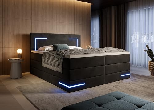 wonello Detroit Boxspringbett 180x200 mit Bettkasten und LED-Beleuchtung - gemütliches Bett mit LED - Stauraumbett 180 x 200 cm mit Matratze und Topper - Samt-Stoff schwarz - H2/H3 von wonello