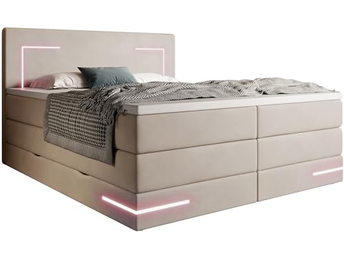 wonello Estero Boxspringbett 140x200 mit Bettkasten und LED-Beleuchtung (RGB) - gemütliches Bett mit LED - Stauraumbett 140 x 200 cm mit Matratze und Topper - Samt-Stoff beige - H2/H3 von wonello