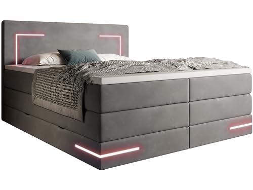 wonello Estero Boxspringbett 200x200 mit Bettkasten und LED-Beleuchtung (RGB) - gemütliches Bett mit LED - Stauraumbett 200 x 200 cm mit Matratze und Topper - Samt-Stoff anthrazit - H2/H3 von wonello