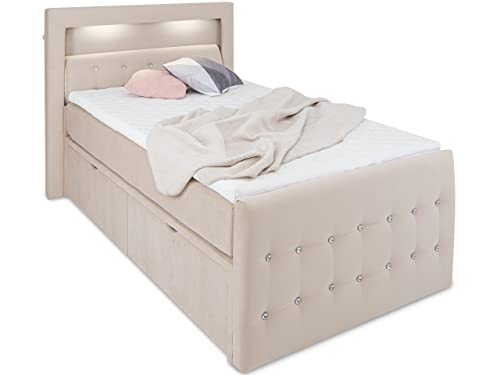 wonello LED-Bett 90x200 mit Bettkasten und Kristallen - bequemes Einzelbett mit Matratze und Topper - Girona Stauraumbett 90 x 200 cm mit Schubladen Samt-Stoff beige von wonello