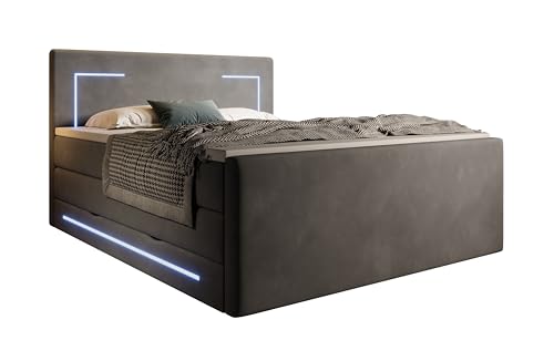 wonello Monaco Boxspringbett 180x200 mit Bettkasten und LED-Beleuchtung - gemütliches Bett mit LED - Stauraumbett 180 x 200 cm mit Matratze und Topper - Samt-Stoff anthrazit - H2/H3 von wonello