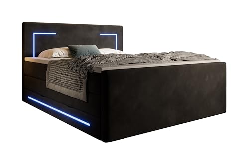 wonello Monaco Boxspringbett 180x200 mit Bettkasten und LED-Beleuchtung - gemütliches Bett mit LED - Stauraumbett 180 x 200 cm mit Matratze und Topper - Samt-Stoff schwarz - H2/H3 von wonello
