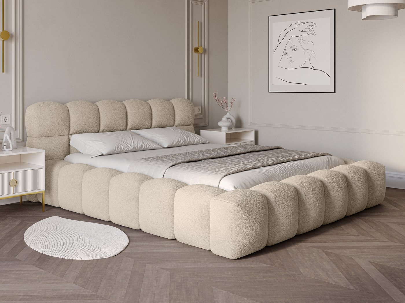 wonello Polsterbett Mira 1 (das Original), Bett mit Bettkasten und Lattenrost – eleganter Boucle-Stoff von wonello