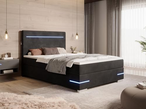 wonello Portland Boxspringbett 90x200 mit LED Beleuchtung und 2X USB Anschluss - gemütliches LED Bett 90 x 200 cm mit Matratze H3 und Topper - beleuchtet - Stoff schwarz von wonello
