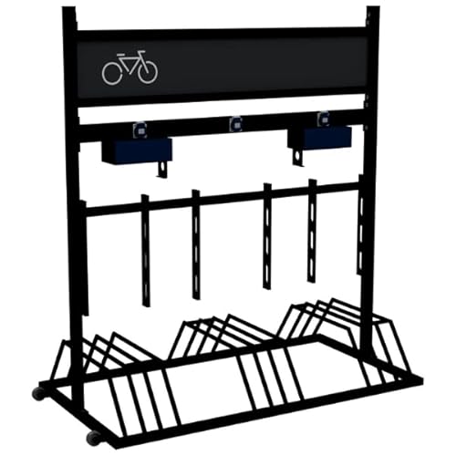 Mobiler Fahrradständer mit Lademöglichkeit, mit Werbeschild und Transportrollen, aus Stahl, feuerverzinkt und pulverbeschichtet RAL 9005 von wonido