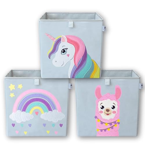 wonneklein Aufbewahrungsbox Kinder - 33x33x33 cm - Faltbare Spielzeugkiste mit Tiermotiv - Ordnungsbox für Kallax Regal - Kinderzimmer Aufbewahrung - 3er Set Alpaka, Einhorn, Regenbogen von wonneklein