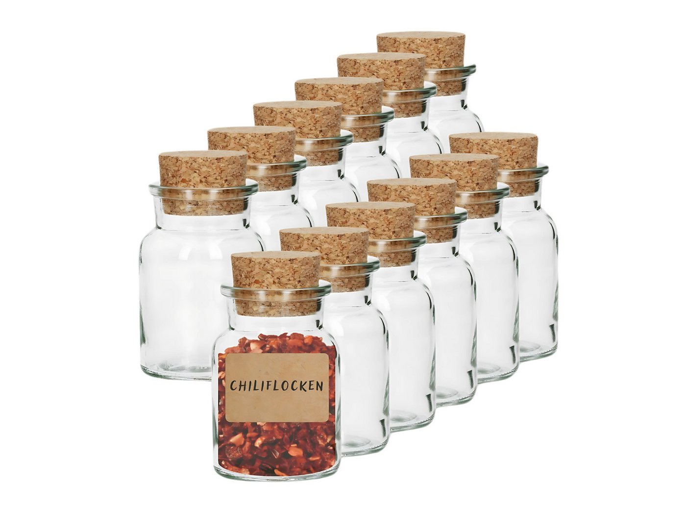wood4hood Gewürzbehälter MAGNET, Glasbehälter, (Spar-Set, 12-tlg., Ideal zur Gewürzaufbewahrung), Gewürzglas mit Presskorken und Klebeetiketten von wood4hood