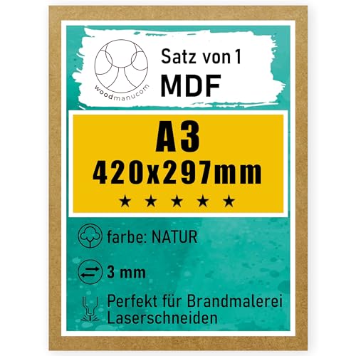 woodmanucom 1 Stück natürlich A3 MDF Platten | 420 x 297 x 3 mm | Bastelplatte Dünne Holz-Platten | Perfekt für Laser, CNC Router, Laubsäge, Modellierung woodmanucom 1 Stück natürlich A3 MDF Platten | 420 x 297 x 3 mm | Bastelplatte Dünne Holz-Platten | Perfekt für Laser, CNC Router, Laubsäge, Modellierung von woodmanucom