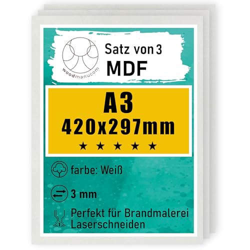 woodmanucom A3 MDF Platten | 420 x 297 x 3 mm | Bastelplatte Dünne Holz-Platten | Perfekt für Laser, CNC Router, Laubsäge, Modellierung (3 Stück weiße) von woodmanucom