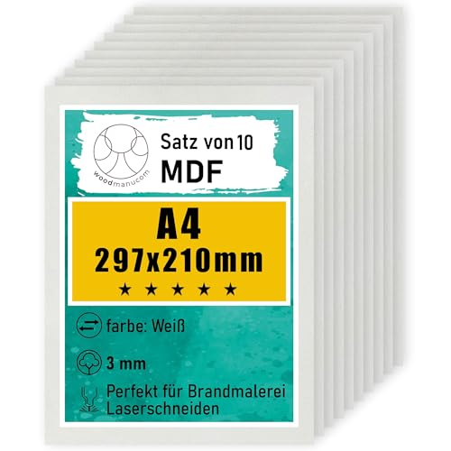 woodmanucom 10 Stück weiße A4 MDF Platten | 297 x 210 x 3 mm | Bastelplatte Dünne Holz-Platten | Perfekt für Laser, CNC Router, Laubsäge, Modellierung von woodmanucom