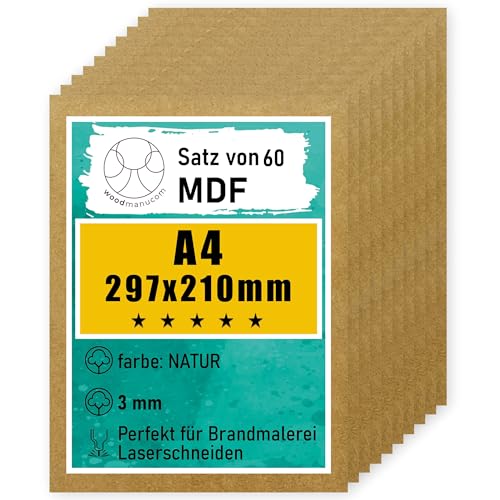 woodmanucom 60 Stück natürlich A4 MDF Platten | 297 x 210 x 3 mm | Bastelplatte Dünne Holz-Platten | Perfekt für Laser, CNC Router, Laubsäge, Modellierung von woodmanucom