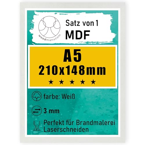 woodmanucom A5 MDF Platten | 210 x 148 x 3 mm | Bastelplatte Dünne Holz-Platten | Perfekt für Laser, CNC Router, Laubsäge, Modellierung (1 Weiß) von woodmanucom