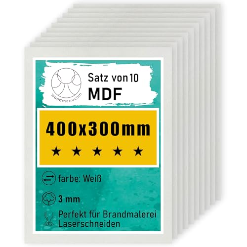 woodmanucom MDF Platten | 400 x 300 x 3 mm | Bastelplatte Dünne Holz-Platten | Perfekt für Laser, CNC Router, Laubsäge, Modellierung (10 Stück weiße) von woodmanucom