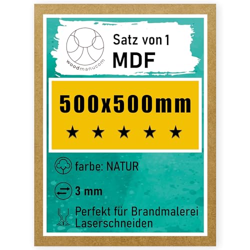woodmanucom MDF Platten | 500 x 500 x 3 mm | Bastelplatte Dünne Holz-Platten | Perfekt für Laser, CNC Router, Laubsäge, Modellierung (1 Stück natürlich) von woodmanucom