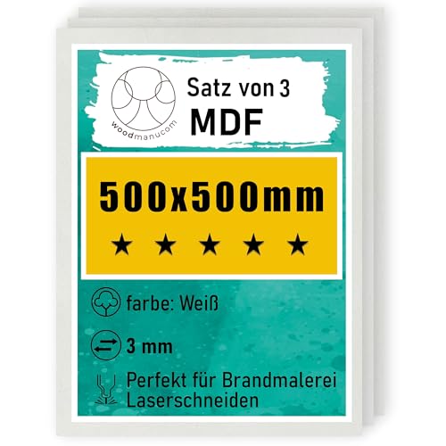 woodmanucom MDF Platten | 500 x 500 x 3 mm | Bastelplatte Dünne Holz-Platten | Perfekt für Laser, CNC Router, Laubsäge, Modellierung (3 Stück weiße) von woodmanucom