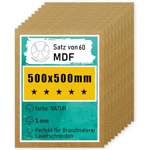 woodmanucom MDF Platten | 500 x 500 x 3 mm | Bastelplatte Dünne Holz-Platten | Perfekt für Laser, CNC Router, Laubsäge, Modellierung (60 Stück natürlich) von woodmanucom