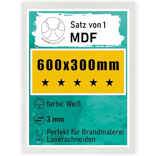 woodmanucom MDF Platten | 600 x 300 x 3 mm | Bastelplatte Dünne Holz-Platten | Perfekt für Laser, CNC Router, Laubsäge, Modellierung (1 Stück weißes) von woodmanucom
