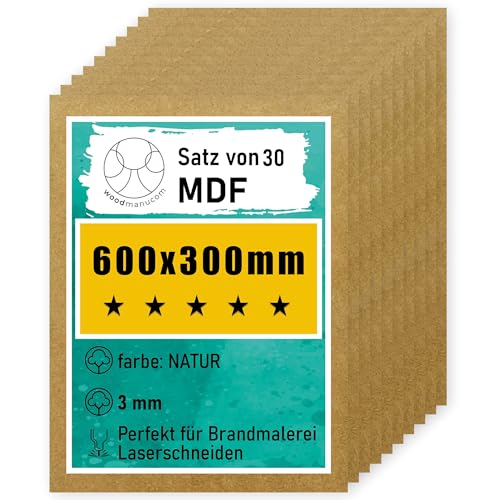 woodmanucom MDF Platten | 600 x 300 x 3 mm | Bastelplatte Dünne Holz-Platten | Perfekt für Laser, CNC Router, Laubsäge, Modellierung (30 Stück natürlich) von woodmanucom