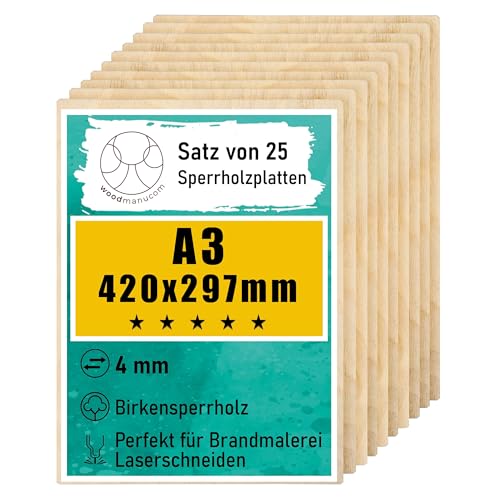 woodmanucom Sperrholzplatte 25x 4mm A3 420mm x 297mm Platten Aus Birkensperrholz Birkensperrholz Dünne Holz Zuschnitte Bastelholz Platte Sperrholz Holzplatte Laser Basteln Modellbau Holz Deko von woodmanucom