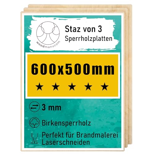 woodmanucom Sperrholzplatte 3mm 3x 600mm x 500mm Platten Aus Birkensperrholz Birkensperrholz Dünne Holz Zuschnitte Bastelholz Platte Sperrholz Holzplatte Laser Basteln Modellbau Holz Deko von woodmanucom