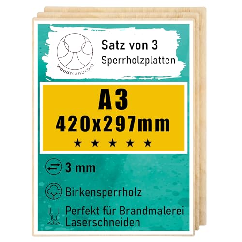 woodmanucom Sperrholzplatte 3mm Platten Aus Birkensperrholz Birkensperrholz Dünne Holz Zuschnitte Bastelholz Platte Sperrholz Holzplatte Laser Basteln Modellbau Holz Deko (3 Stk A3 420 x 297 mm) von woodmanucom