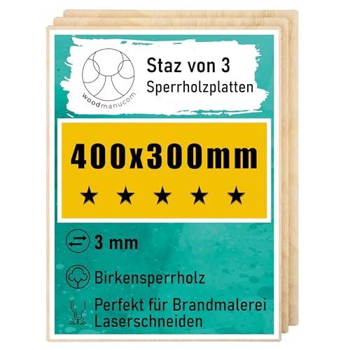 woodmanucom Sperrholzplatte 3mm Platten Aus Birkensperrholz Birkensperrholz Dünne Holz Zuschnitte Bastelholz Platte Sperrholz Holzplatte Laser Basteln Modellbau Holz Deko 3 Stk 400 x 300 mm von woodmanucom
