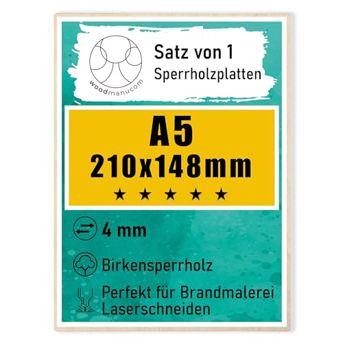 woodmanucom Sperrholzplatte 4mm 1x A5 148mm x 210mm Platten Aus Birkensperrholz Birkensperrholz Dünne Holz Zuschnitte Bastelholz Platte Sperrholz Holzplatte Laser Basteln Modellbau Holz Deko von woodmanucom