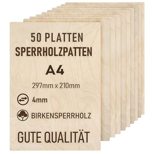 woodmanucom Sperrholzplatte 50x 4mm A4 297mm x 210mm Platten Aus Birkensperrholz Birkensperrholz Dünne Holz Zuschnitte Bastelholz Platte Sperrholz Holzplatte Laser Basteln Modellbau Holz Deko von woodmanucom