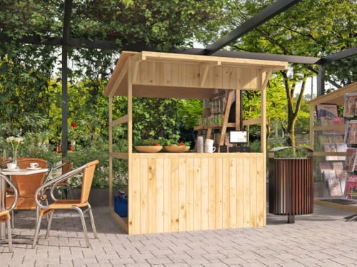 Woodtex Anton Marktstand Gerätehaus, Marktbude Holz, Qualitäts Pultdach Fichte Verkaufsstand Holzhaus mit Theke, ohne Boden 170x180x200cm, multifunktionale Verkaufshütte mit großes Verkaufsfenster von woodtex