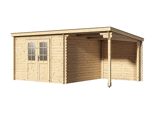 Woodtex Holz Gartenhaus Blockbohlenhaus CA2976 | Wandstärke 28 mm | Naturbelassen | Mit 2 m Anbau | B x T x H: 496 x 309 x 204 cm | Doppeltür Mit Echtglas von woodtex