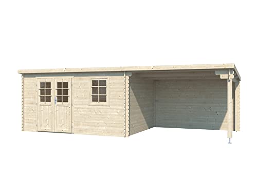 Woodtex Holz Gartenhaus Blockbohlenhaus CA2987 | Wandstärke 28 mm | Naturbelassen | Mit 3 m Anbau | BxTxH: 696 x 309 x 204 cm | Inkl. 1 Fenster | Doppeltür Mit Echtglas von woodtex