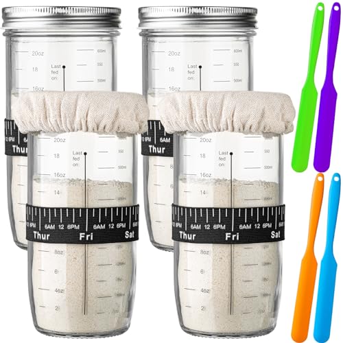 wookgreat Sauerteig-Starterglas, 680 ml, Sauerteig-Starterbehälter, 4er-Set Sauerteig-Starter-Set mit Datumsmarkierung Fütterungsband, Thermometer, Stoffabdeckung und Deckel, wiederverwendbares von wookgreat