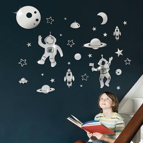 Wooshwa 3D Acryl Spiegel Dekorative Wandspiegel Astronaut Rakete Planet Raumfahrzeug Wandtattoos für Jungen Kinderzimmer Baby Schlafzimmer(Silber) von wooshwa