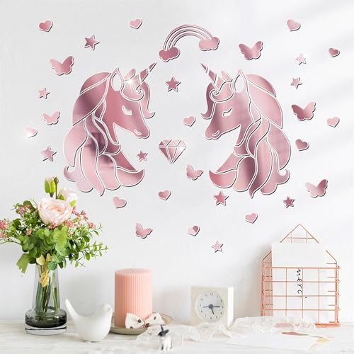 Wooshwa 3D Acryl Spiegel Dekorative Wandspiegel Einhorn Wandtattoo für Mädchen Schlafzimmer Baby Kinderzimmer (Rotgold) von wooshwa