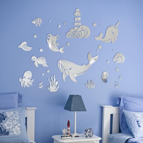 Wooshwa 3D Acryl Spiegel Dekorative Wandspiegel Wal Hammerhead Hai Narwal Schildkröte Seepferdchen Oktopus Wandtattoos für Kinderzimmer Baby Spielzimmer(Silber) von wooshwa