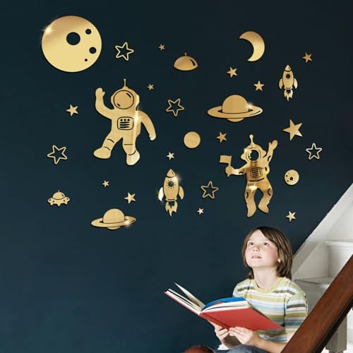 wooshwa 3D Acryl Spiegel Dekorative Wandspiegel Astronaut Rakete Planet Raumfahrzeug Wandtattoos für Jungen Kinderzimmer Baby Schlafzimmer(Gold) von wooshwa