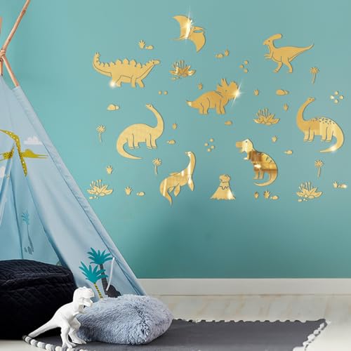 wooshwa 3D Acryl Spiegel Dekorative Wandspiegel Dinosaurier Wandtattoos für Jungen Kinderzimmer Baby Spielzimmer(Gold) von wooshwa