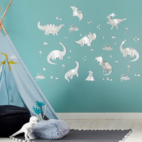 wooshwa 3D Acryl Spiegel Dekorative Wandspiegel Dinosaurier Wandtattoos für Jungen Kinderzimmer Baby Spielzimmer(Silber) von wooshwa