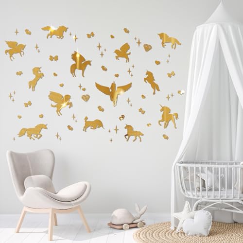 wooshwa 3D Acryl Spiegel Dekorative Wandspiegel Einhorn Silhouette Wandtattoo für Mädchen Schlafzimmer Baby Kinderzimmer(Gold) von wooshwa