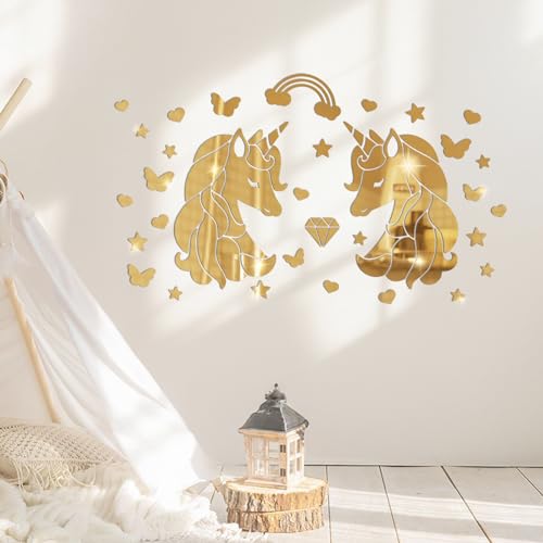 wooshwa 3D Acryl Spiegel Dekorative Wandspiegel Einhorn Wandtattoo für Mädchen Schlafzimmer Baby Kinderzimmer (Gold) von wooshwa