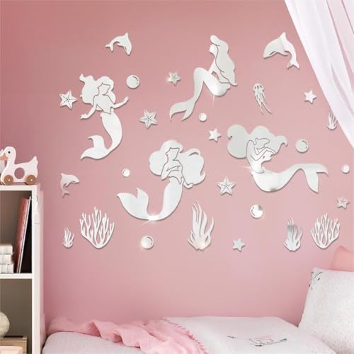 wooshwa 3D Acryl Spiegel Dekorative Wandspiegel Meerjungfrau Wandtattoos für Mädchen Kinderzimmer Baby Spielzimmer(Silber) von wooshwa
